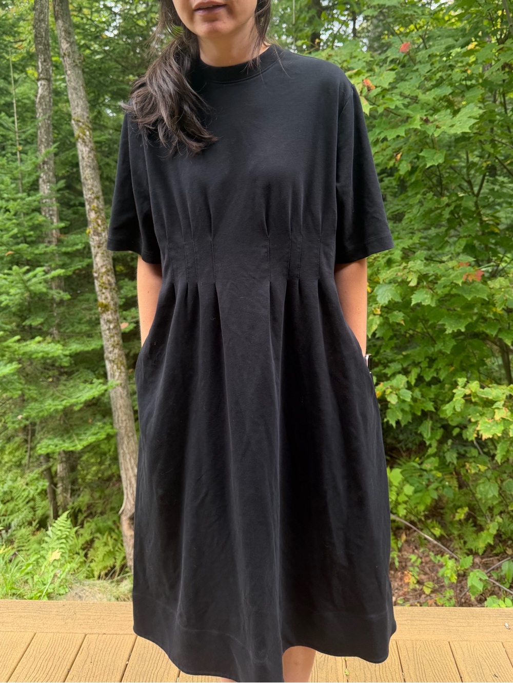 COS Black Short Sleeve Cinched Pleated Waist Midi T-Shirt Dress relaxed fit - M